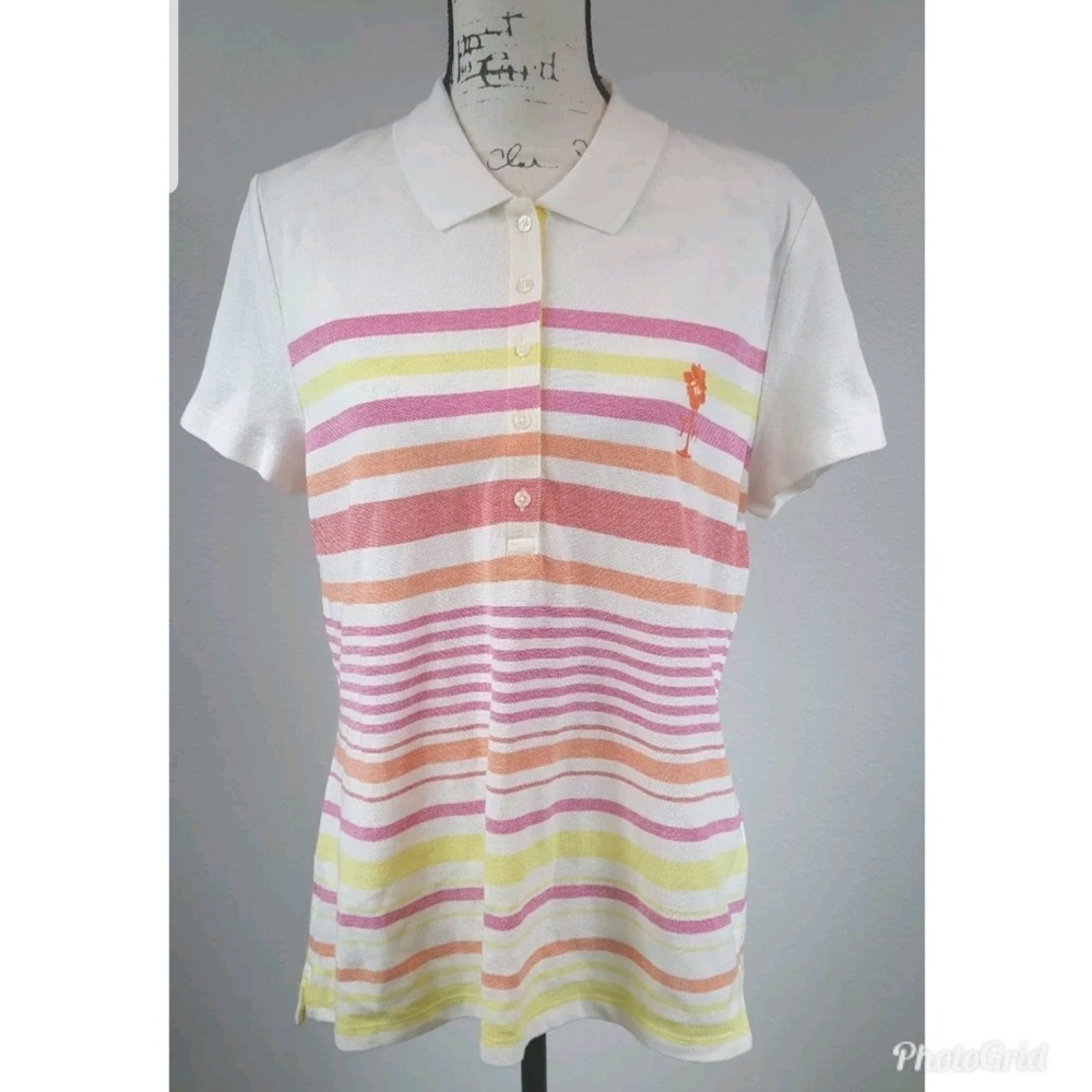 Tommy Hilfiger Polo Shirt Pool Party White Striped Pink Orange Yellow Sz Large